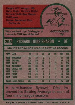 1975 Topps #293 Dick Sharon Back