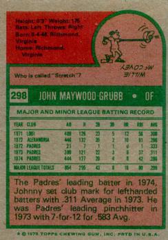 1975 Topps #298 Johnny Grubb Back
