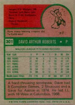 1975 Topps #301 Dave Roberts Back