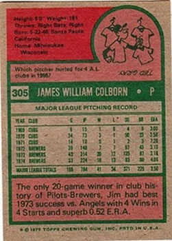 1975 Topps #305 Jim Colborn Back
