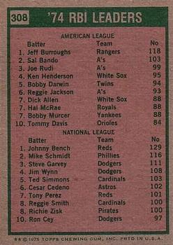 1975 Topps #308 1974 RBI Leaders (Jeff Burroughs / Johnny Bench) Back