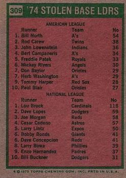 1975 Topps #309 1974 Stolen Base Leaders (Bill North / Lou Brock) Back