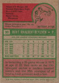 1975 Topps #30 Bert Blyleven Back