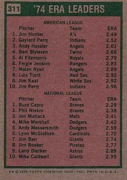 1975 Topps #311 1974 ERA Leaders (Jim Hunter / Buzz Capra) Back