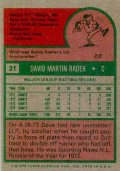 1975 Topps #31 Dave Rader Back