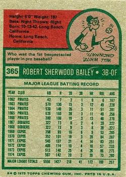 1975 Topps #365 Bob Bailey Back