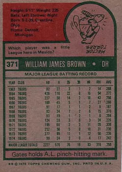 1975 Topps #371 Gates Brown Back