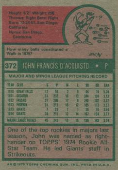 1975 Topps #372 John D'Acquisto Back