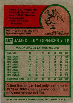 1975 Topps #387 Jim Spencer Back