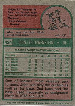 1975 Topps #424 John Lowenstein Back