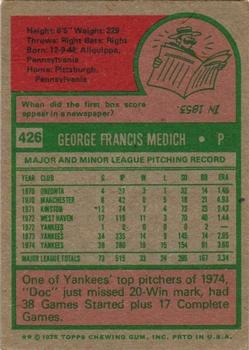 1975 Topps #426 George Medich Back