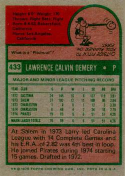 1975 Topps #433 Larry Demery Back