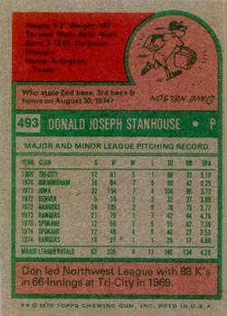 1975 Topps #493 Don Stanhouse Back