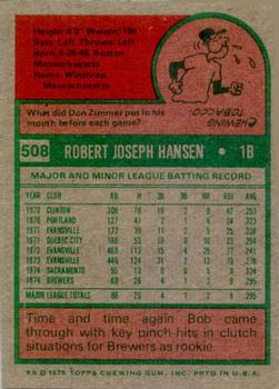 1975 Topps #508 Bob Hansen Back