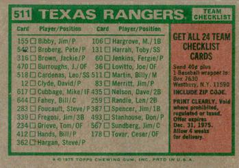 1975 Topps #511 Texas Rangers / Billy Martin Back