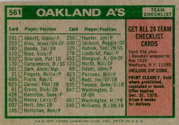 1975 Topps #561 Oakland A's / Alvin Dark Back