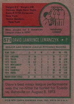 1975 Topps #571 Dave Lemanczyk Back