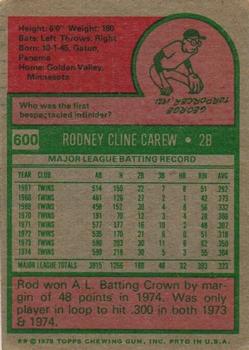 1975 Topps #600 Rod Carew Back