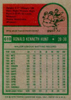 1975 Topps #610 Ron Hunt Back