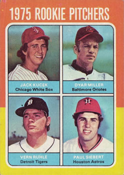 1975 Topps #614 1975 Rookie Pitchers (Jack Kucek / Dyar Miller / Vern Ruhle / Paul Siebert) Front