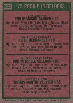 1975 Topps #623 1975 Rookie Infielders (Phil Garner / Keith Hernandez / Bob Sheldon / Tom Veryzer) Back