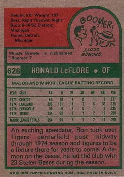 1975 Topps #628 Ron LeFlore Back