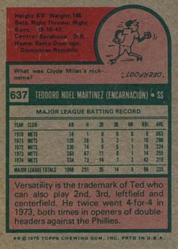1975 Topps #637 Ted Martinez Back