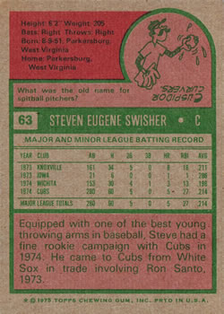 1975 Topps #63 Steve Swisher Back