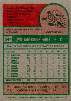 1975 Topps #644 Bill Fahey Back