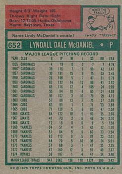 1975 Topps #652 Lindy McDaniel Back