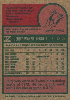 1975 Topps #654 Jerry Terrell Back