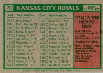 1975 Topps #72 Kansas City Royals / Jack McKeon Back