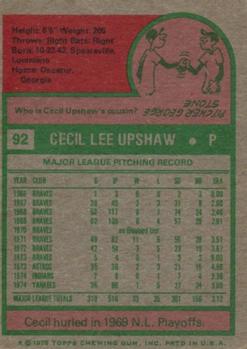 1975 Topps #92 Cecil Upshaw Back