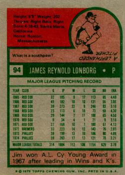 1975 Topps #94 Jim Lonborg Back