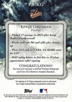 2013 Bowman Inception #PA-KG Kevin Gausman Back