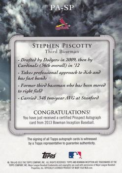 2013 Bowman Inception #PA-SP Stephen Piscotty Back