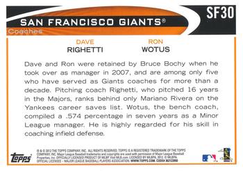 2012 Topps Emerald Nuts San Francisco Giants #SF30 Dave Righetti/Ron Wotus Back