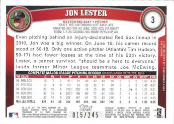 2011 Topps - Red Border #3 Jon Lester Back