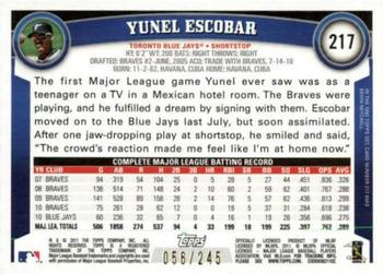 2011 Topps - Red Border #217 Yunel Escobar Back