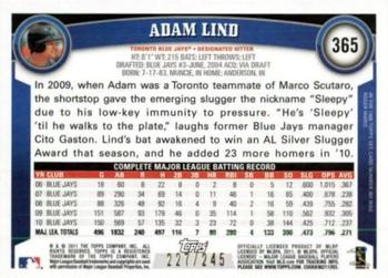 2011 Topps - Red Border #365 Adam Lind Back