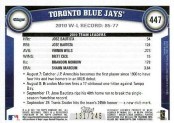 2011 Topps - Red Border #447 Toronto Blue Jays Back