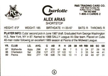1990 Charlotte Knights #5 Alex Arias Back