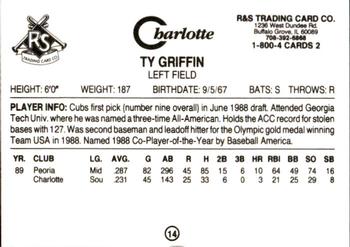1990 Charlotte Knights #14 Ty Griffin Back