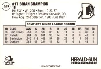 1990 Durham Bulls #3 Brian Champion Back