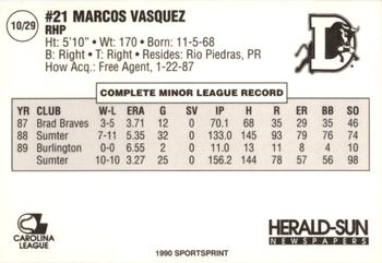 1990 Durham Bulls #10 Marcos Vasquez Back
