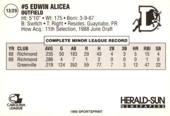 1990 Durham Bulls #13 Edwin Alicea Back