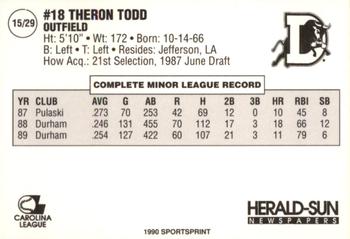 1990 Durham Bulls #15 Theron Todd Back
