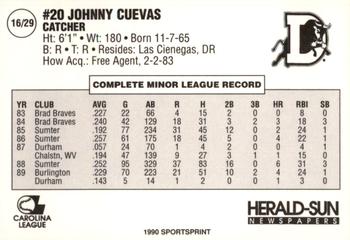 1990 Durham Bulls #16 Johnny Cuevas Back