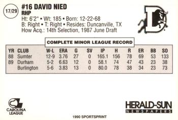 1990 Durham Bulls #17 David Nied Back