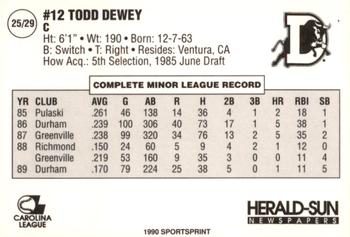 1990 Durham Bulls #25 Todd Dewey Back